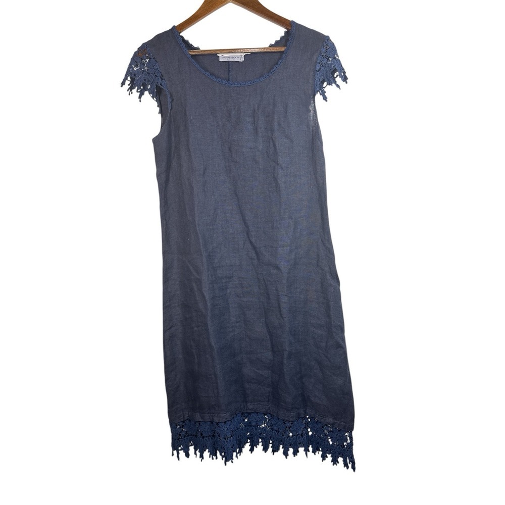 Martina Innocenti 100% Linen Navy Blue Floral Crochet Lace Trim‎ Shift Dress XS